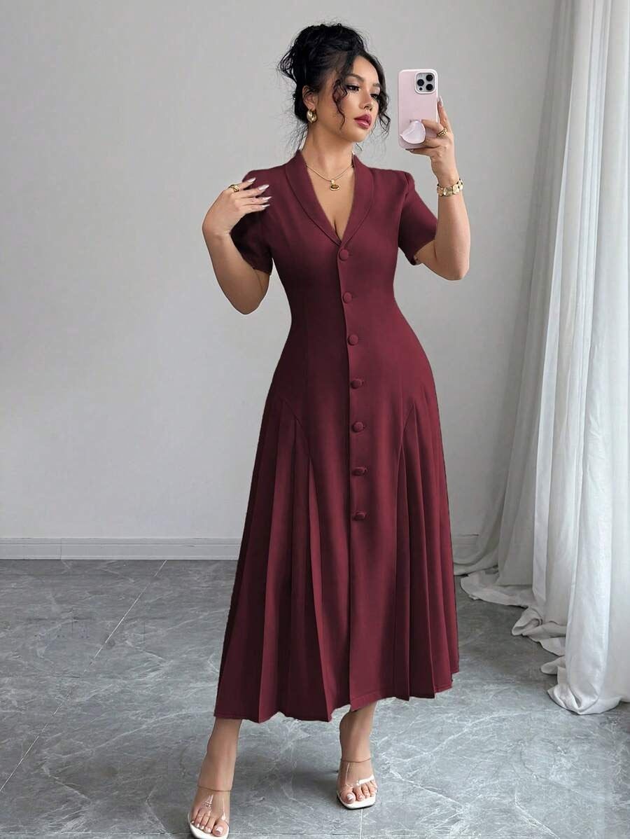 SHEIN Elenzga  فستان ناعم بلون كستنائي جذاب