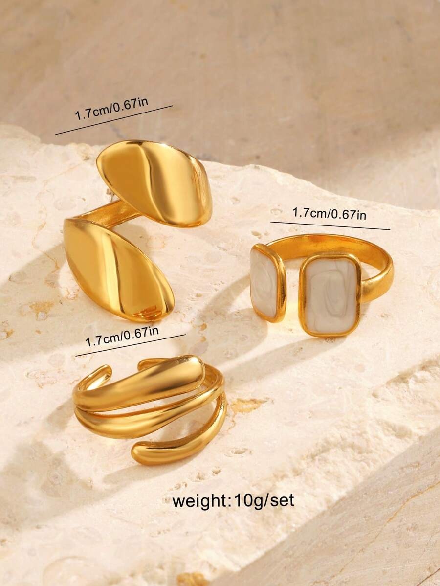 SHEIN 18K طقم 3 خواتم ستانلس ستيل مطلي ذهب