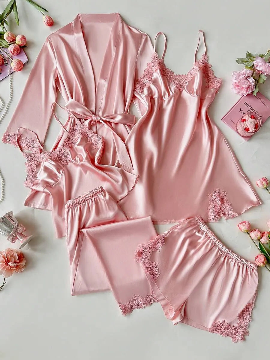 SHEIN SilkySpell طقم نوم 5 قطع بلون وردي كامي وشورت وبنطلون وفستان ووردة بحزام