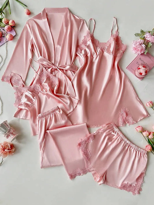 SHEIN SilkySpell طقم نوم 5 قطع بلون وردي كامي وشورت وبنطلون وفستان ووردة بحزام