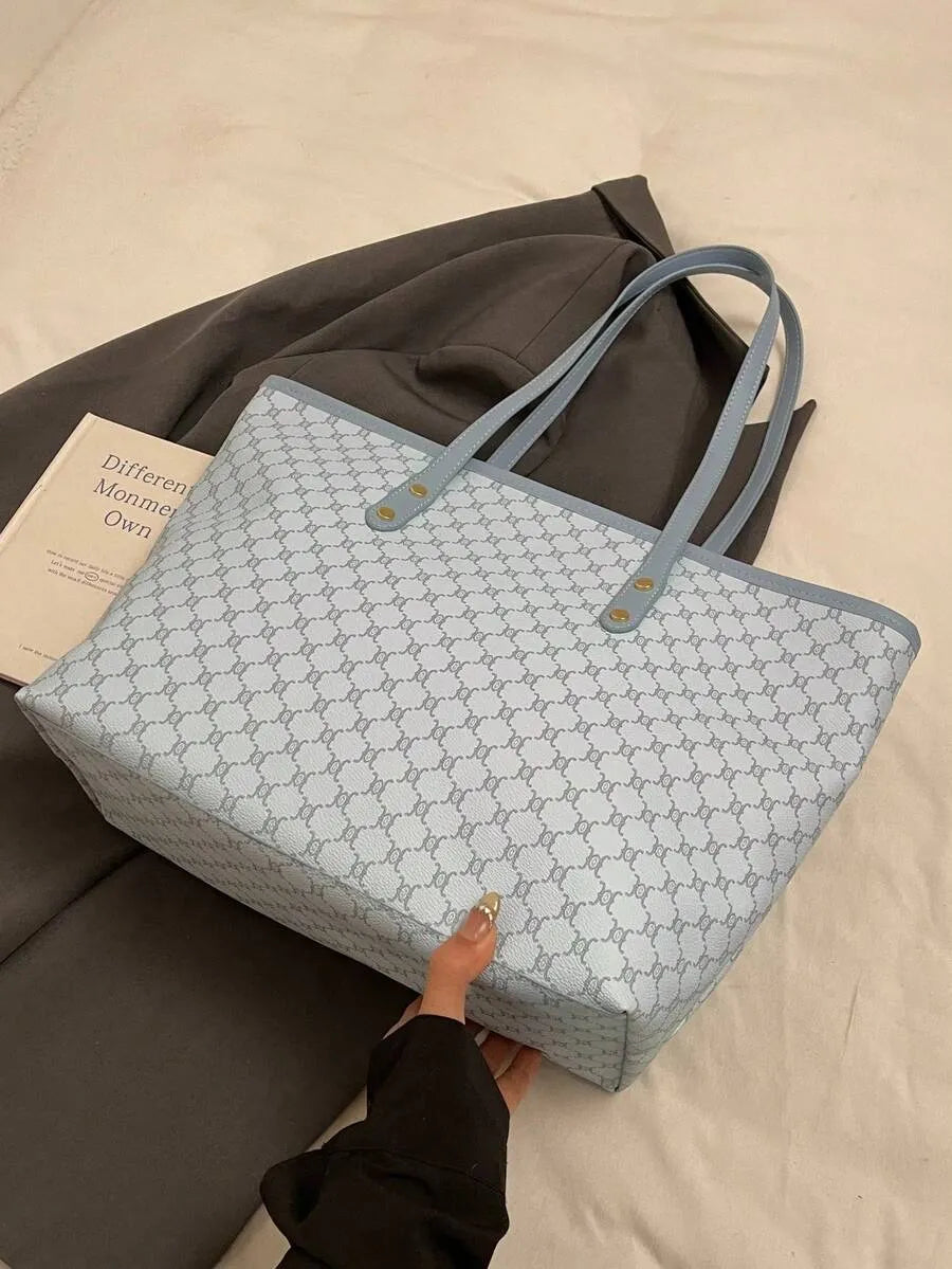 SHEIN SHIMEINI حقيبة تسوق وطالب كبيرة السعة بتصميم رقعي موضة أوروبية وأمريكية