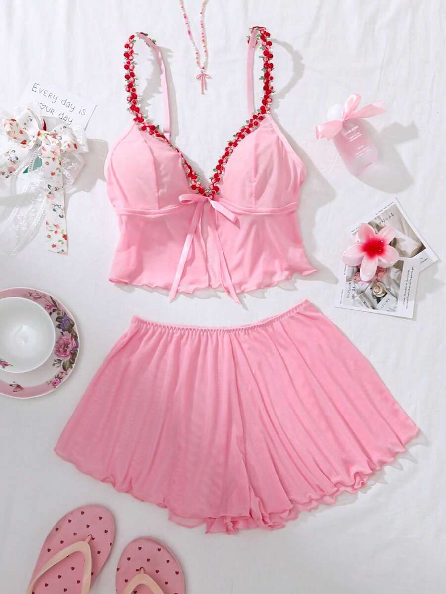 SHEIN PetitDoll طقم ملابس داخلية وردي قطعتين مطرز بزهور
