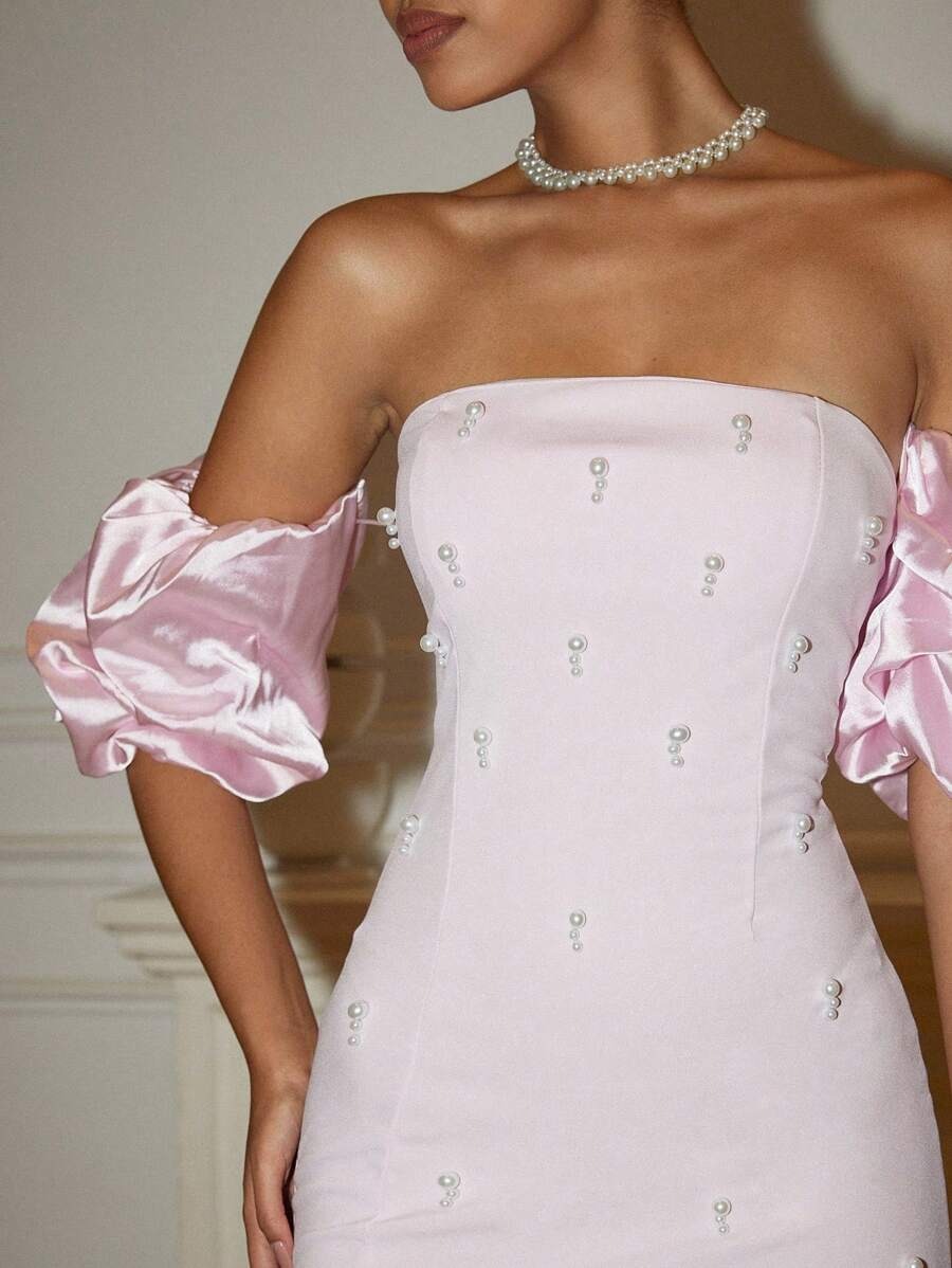 SHEIN فستان فرنسي وردي مزين بخرز و أكمام منفوخة