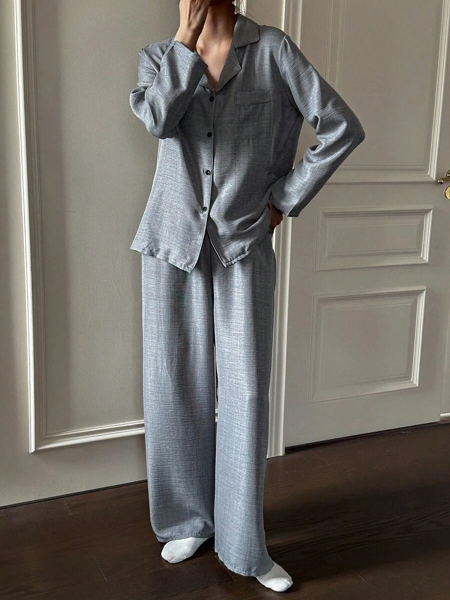 SHEIN بيجامة نسائية كاجوال بقماش متداخل وأكمام طويلة