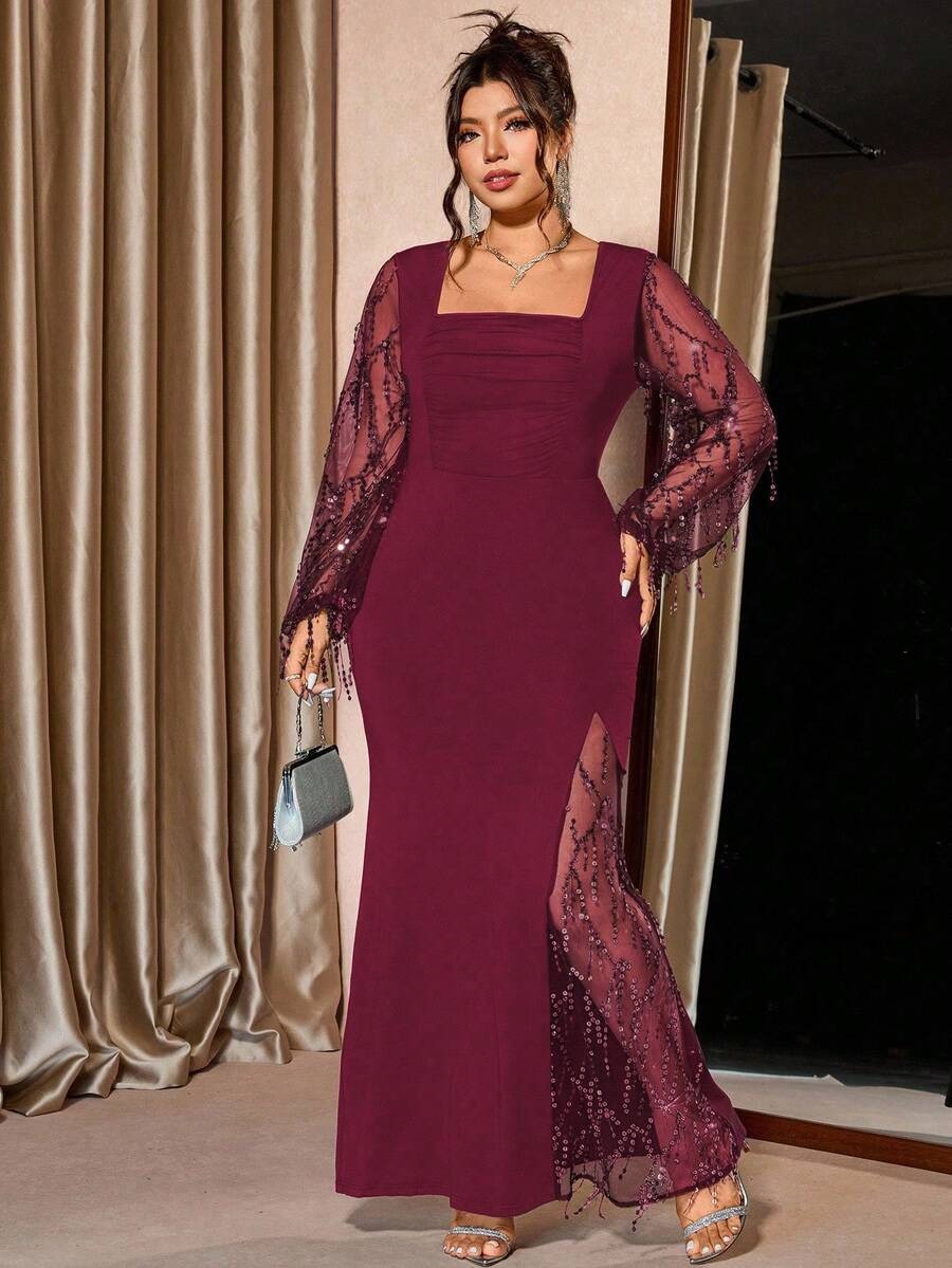 SHEIN Cravure فستان سهرة طويل بلون عنابي
