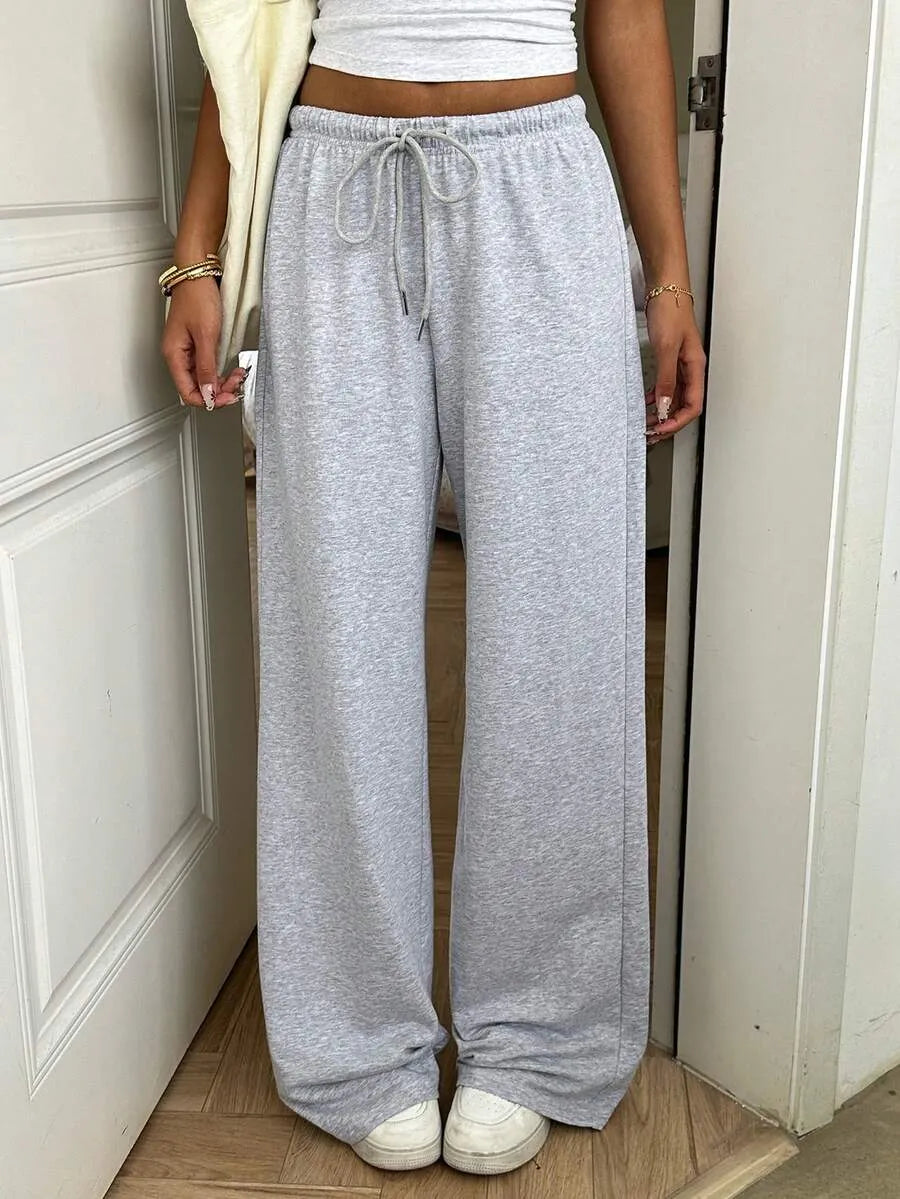 SHEIN EZwear بنطلون رياضي نسائي واسع بخصر منخفض ورباط وساق مستقيمة بلون رمادي فاتح