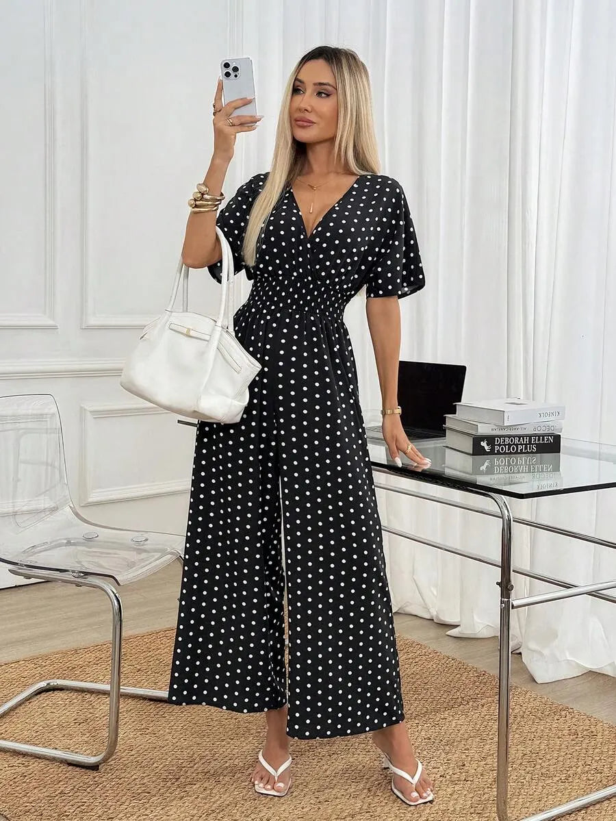 SHEIN Easowa جمبسوت كلاسيكية منقّطة بخصر مزموم وساق واسعة من