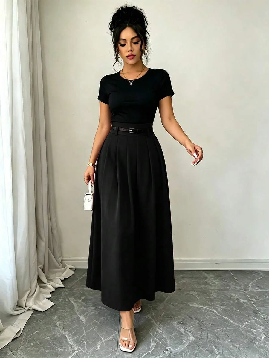 SHEIN A-Line تنورة كاجوال طويلة بخصر عالي وطيات