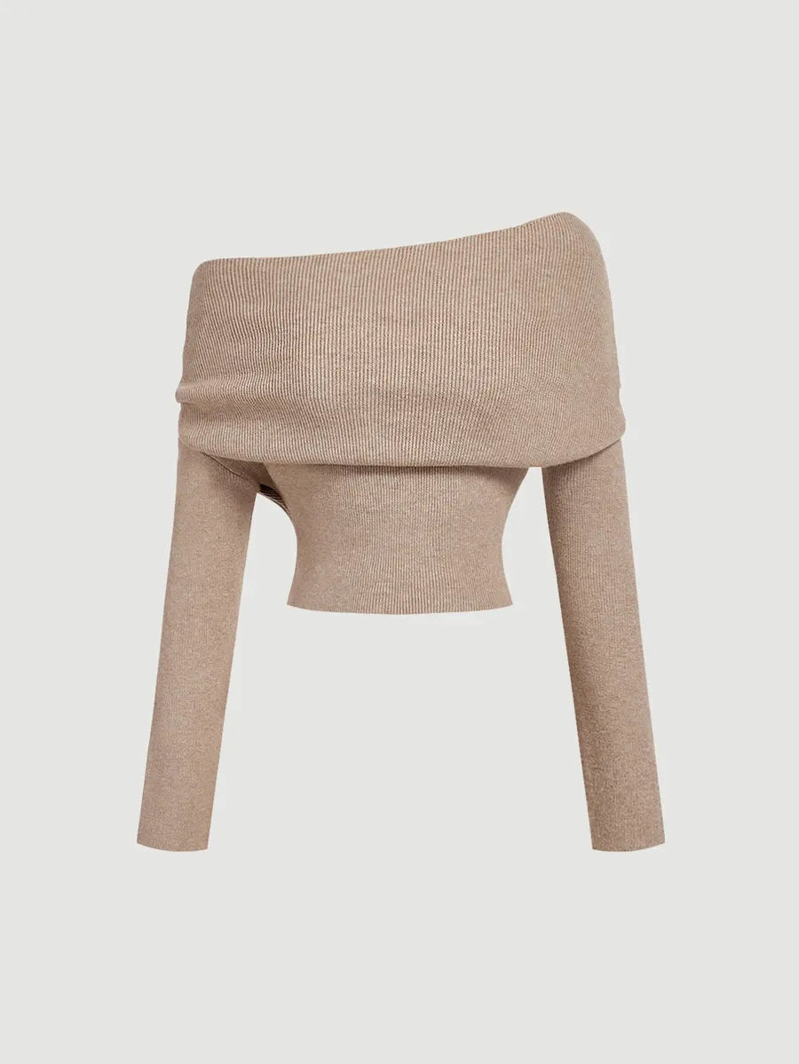 SHEIN MOD كنزة نسائية محبوكة بياقة كتف مكشوف وأكمام طويلة بلون كاكي