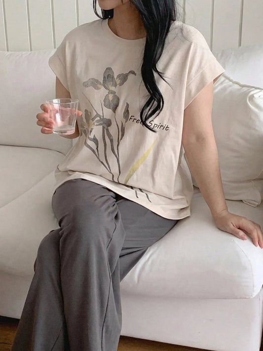 SHEIN Dazy Plus طقم بيجامة نسائي بلون مشمشي بنقوش زهرية