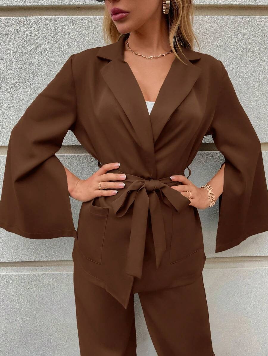 SHEIN Clasi طقم مكون من جاكيت مع بنطلون واسع بلون قهوة بني
