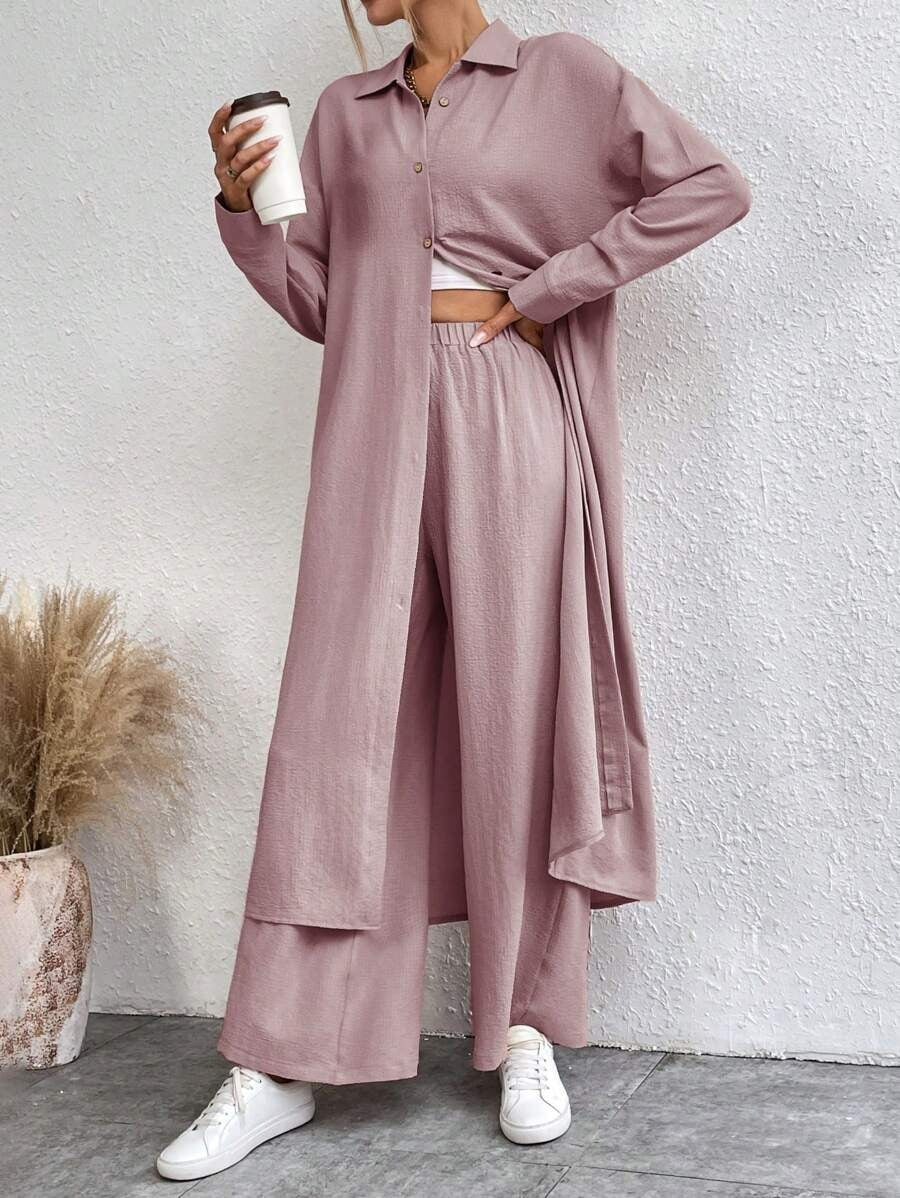 SHEIN LUNE طقم  قطعتين بلوزة طويلة وبنطلون واسع بلون وردي
