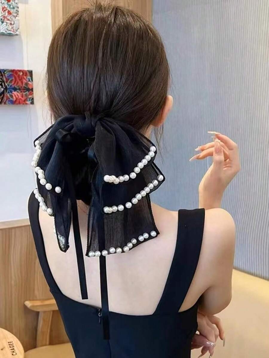 SHEIN مشبك شعر بفيونكة شريطية مع لؤلؤ