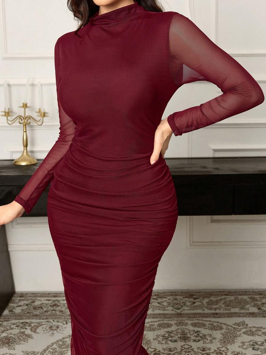 SHEIN Modelyn فستان عنابي انيق ماكسي بأكمام طويلة