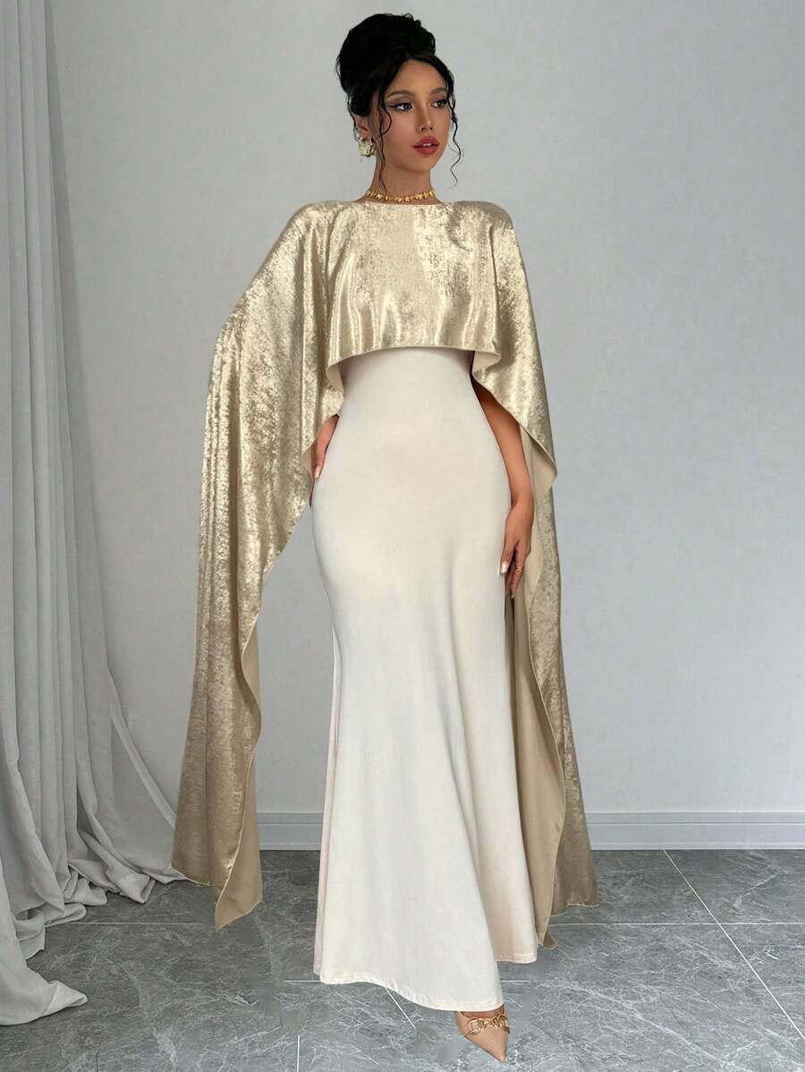 SHEIN Rafferiza فستان سهرة ذهبي ساتان مع شال