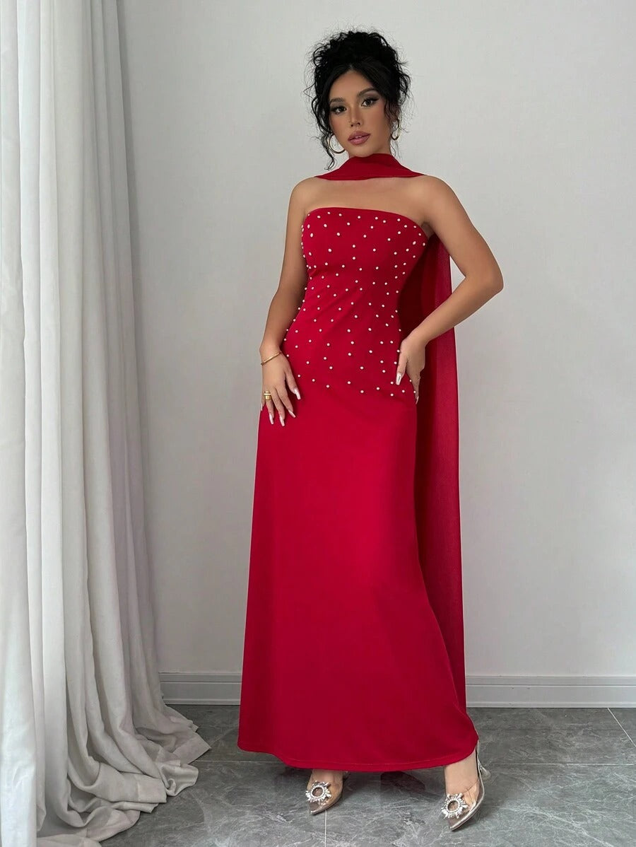 SHEIN Rafferiza فستان أحمر ماكسي طويل مزين بلؤلؤ