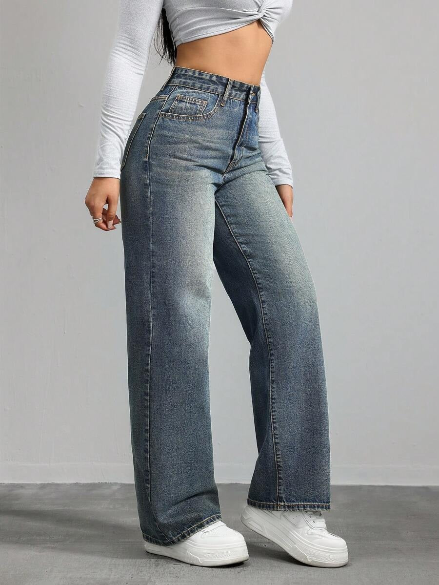 SHEIN  x Lina بنطال جينز أرجل مستقيمة بخصر متوسط من
