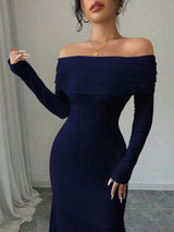 SHEIN Rafferiza فستان ازرق غامق بقصة ضيقة وخصر محدد
