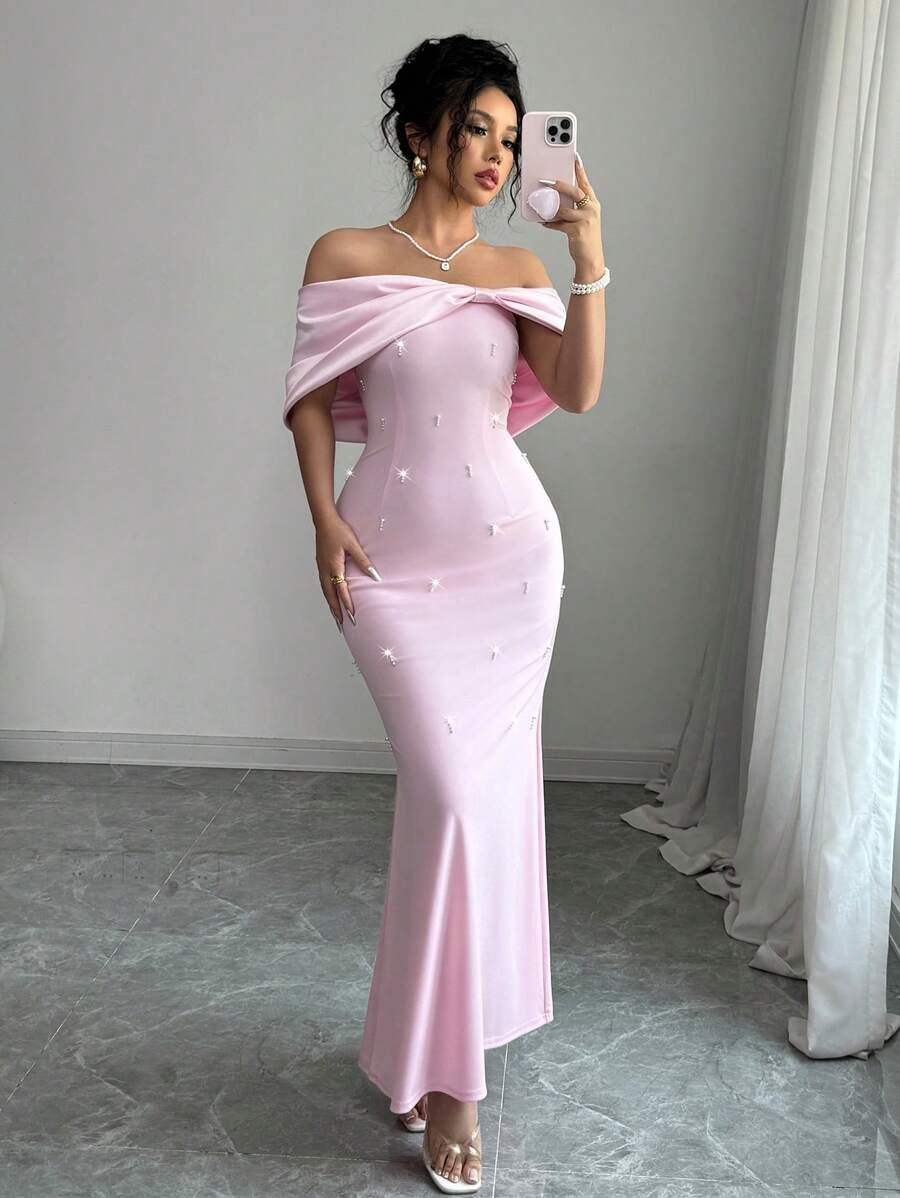 SHEIN Rafferiza فستان نسائي من الساتان الوردي الفاتح مزين بالفصوص