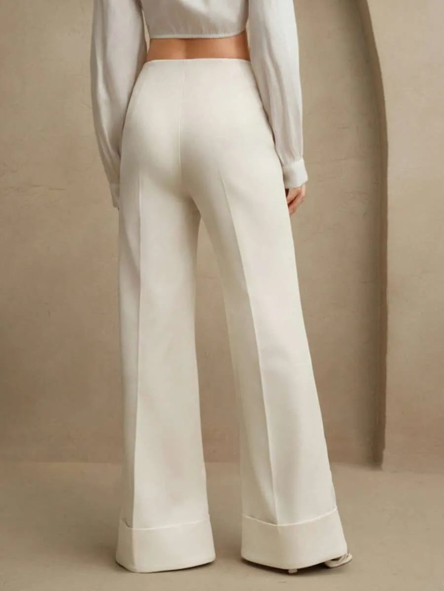 SHEIN Anewsta Essential بنطلون بلون بيج طويل واسع الساق بخصر منخفض