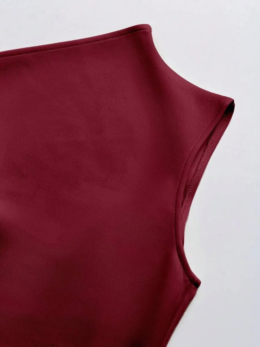SHEIN فستان عنابي ميني واسع بكتف مائل وبدون أكمام وتصميم غير متماثل
