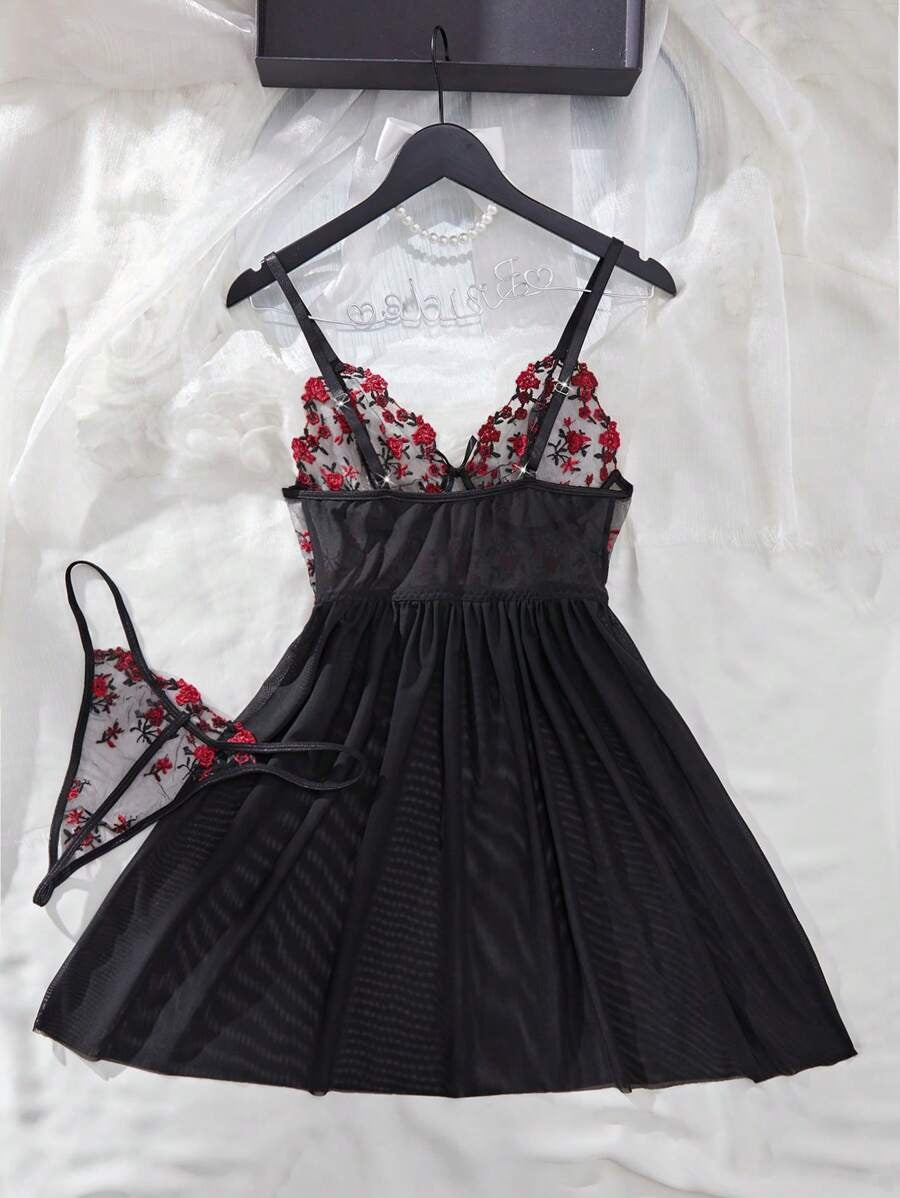 SHEIN فستان نوم شفاف أبيض بتطريز دانتيل ناعم