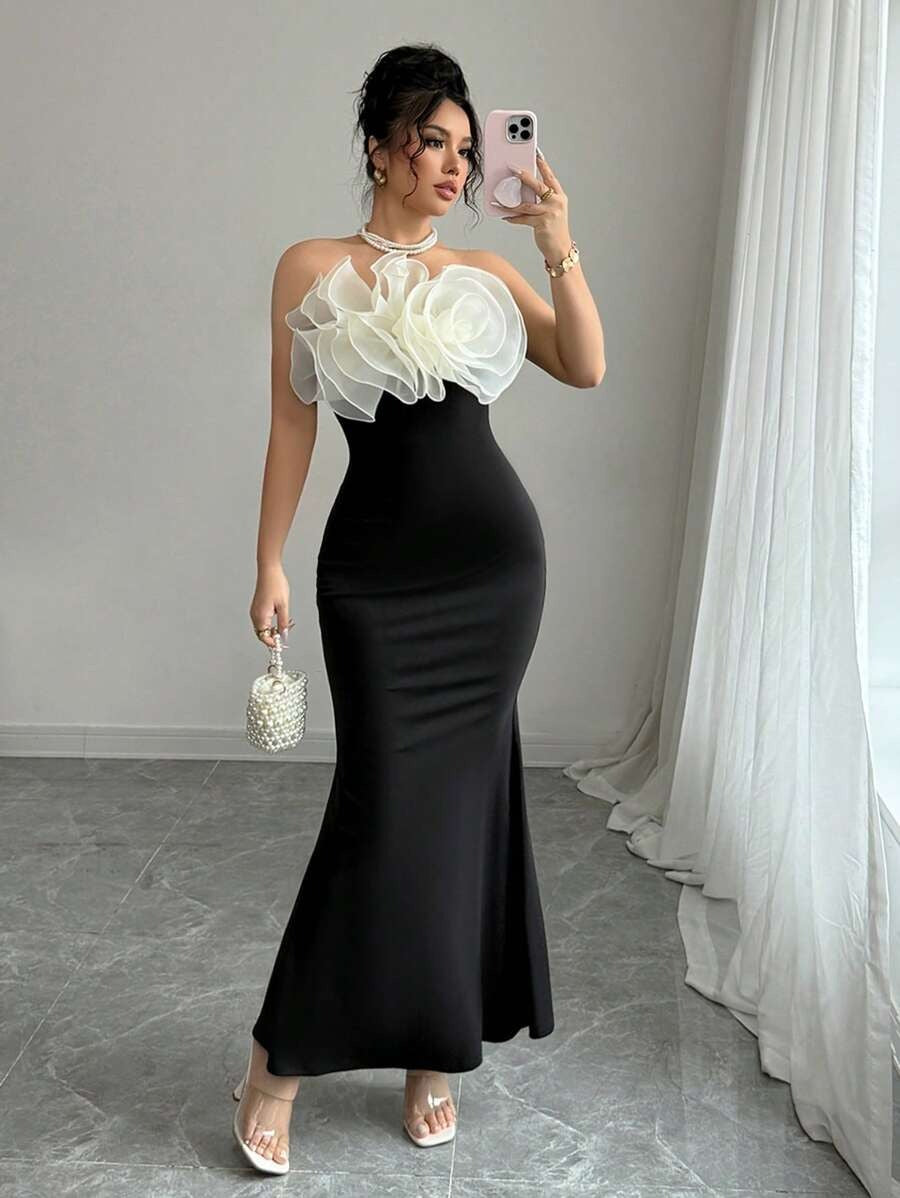 SHEIN Rafferiza فستان أسود طويل مزين بزهرات شيفون