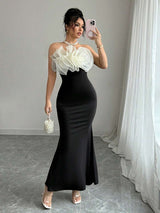 SHEIN Rafferiza فستان أسود طويل مزين بزهرات شيفون