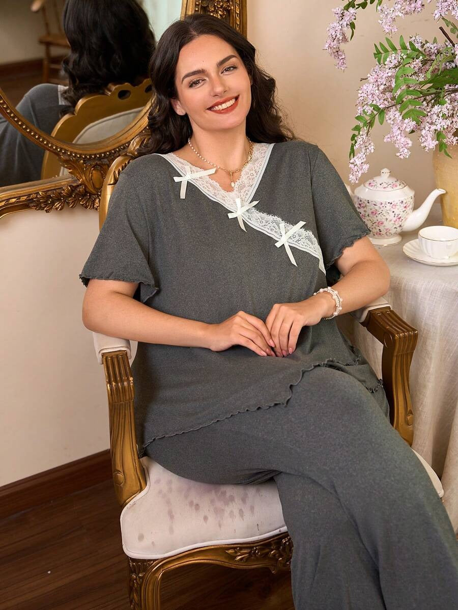SHEIN بيجامة رمادي غامق بفيونكة ناعمة