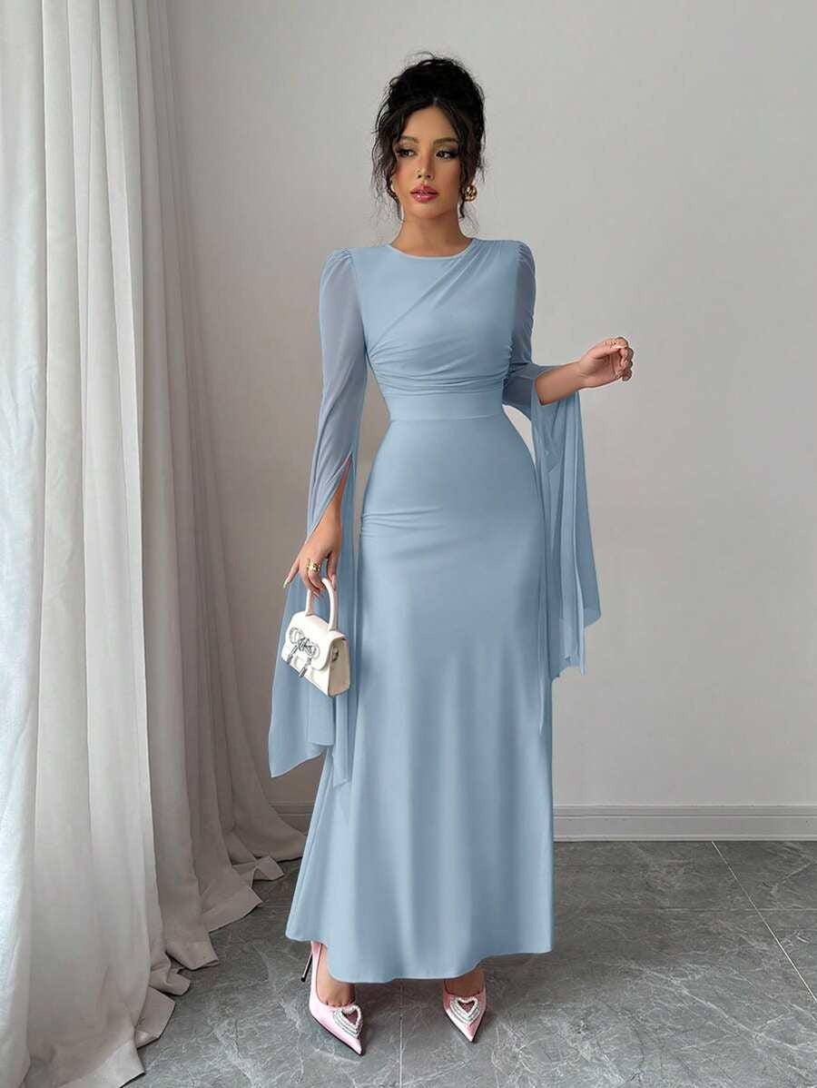 SHEIN Elenzga فستان أزرق أنيق بأكمام طويلة