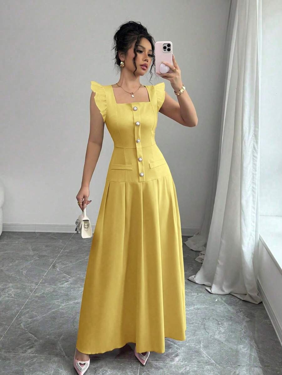 SHEIN Elenzga  فستان صيفي طويل بلون أصفر و أزرار أمامية و كتف فراشة