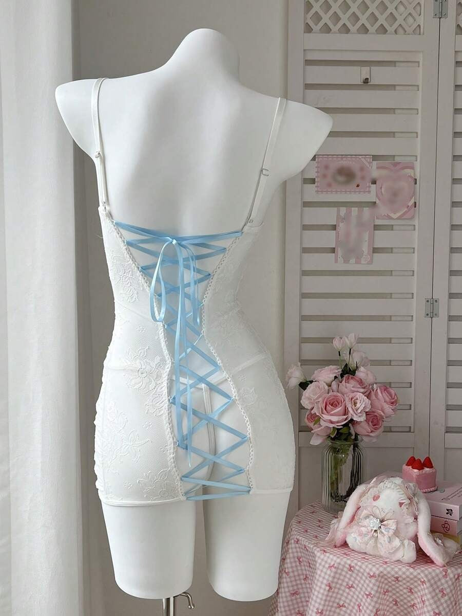 SHEIN PetitDoll طقم قميص نوم صيفي بلونين وتفاصيل دانتيل شفاف