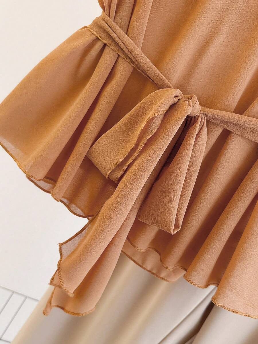 SHEIN Franclia طقم كاجوال خفيف من قطعتين بلوزة وبنطلون بلون برتقالي
