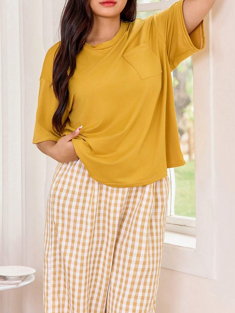 SHEIN طقم نوم كاجوال بلون أصفر خردلي وبنطلون مربعات