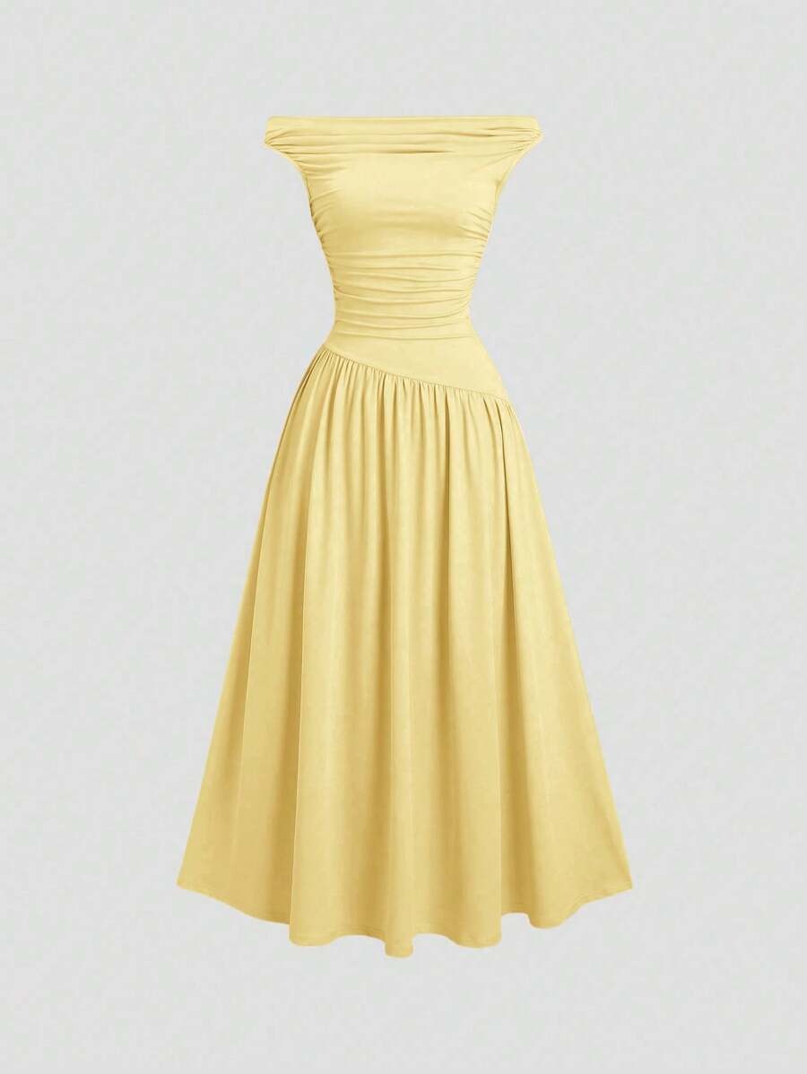 SHEIN Sweetra فستان طويل بلون أصفر أنيق بدون أكمام