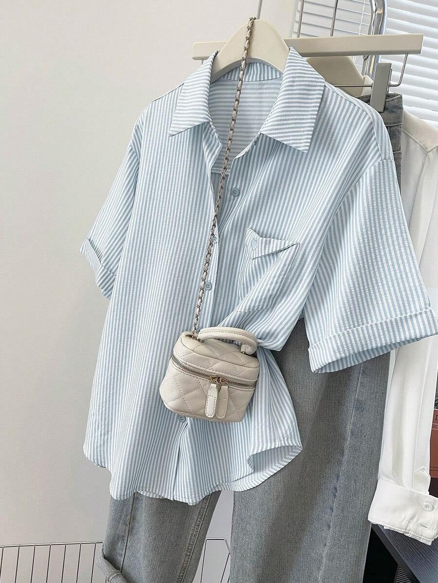 SHEIN بلوزة كاجوال صيفية مخططة بأكمام قصيرة
