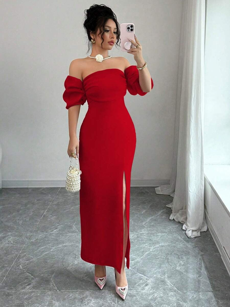 SHEIN Elenzga  فستان أحمر أنيق بكتف مكشوف