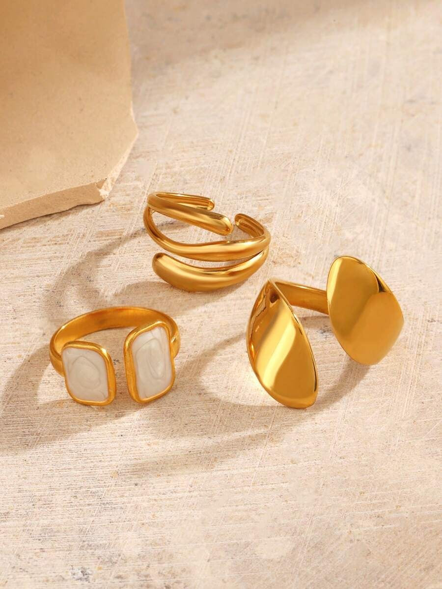 SHEIN 18K طقم 3 خواتم ستانلس ستيل مطلي ذهب