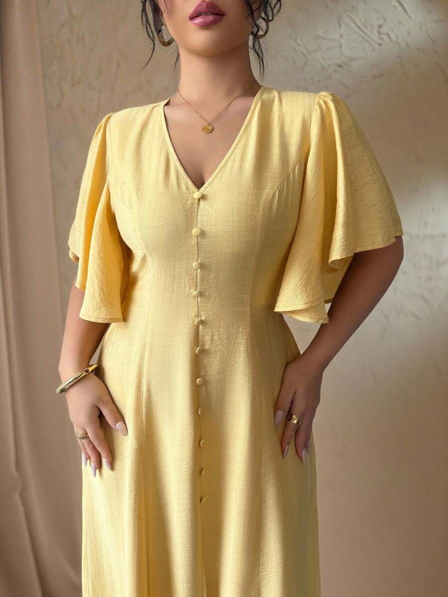 SHEIN فستان طويل ناعم بأزرار وفتحة جانبية