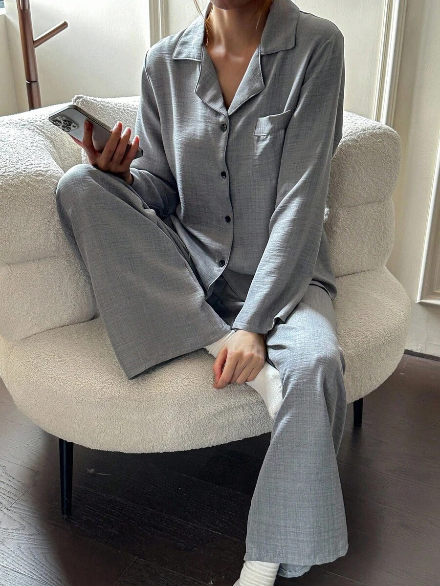 SHEIN بيجامة نسائية كاجوال بقماش متداخل وأكمام طويلة