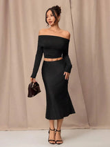 SHEIN PETITE تنورة ساتان عالية الخصر لون أسود