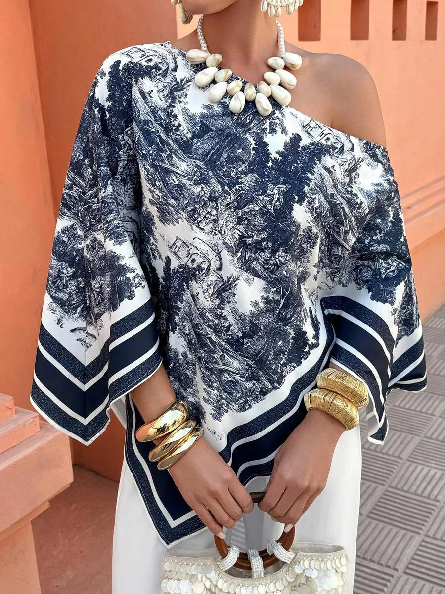 SHEIN Flora Isola طقم نسائي راقي ببلوزة مطبوعة بحافة غير متماثلة وبنطال أبيض
