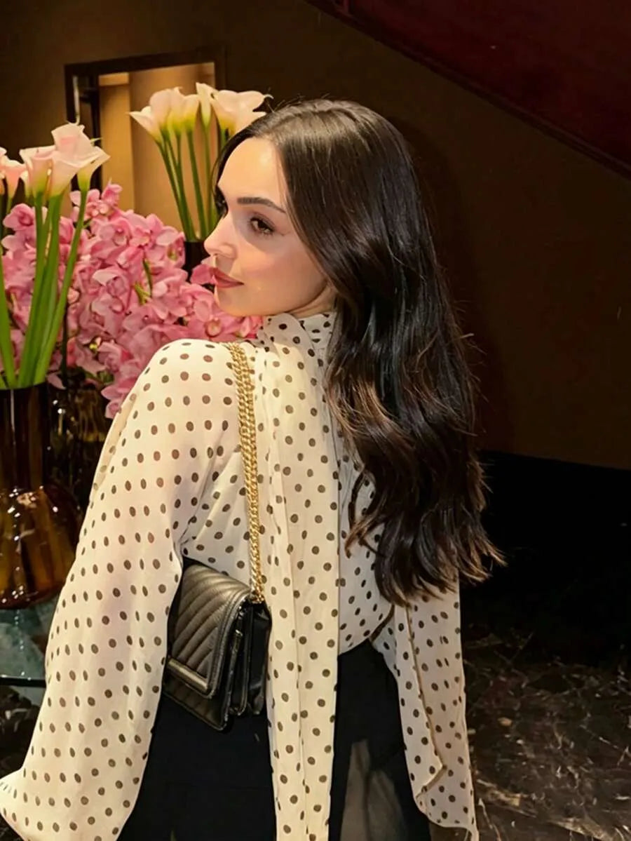 SHEIN بلوزة نسائية أنيقة باللون البيج بنقاط بولكا وشريط عنق