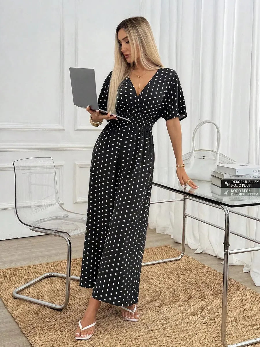 SHEIN Easowa جمبسوت كلاسيكية منقّطة بخصر مزموم وساق واسعة من