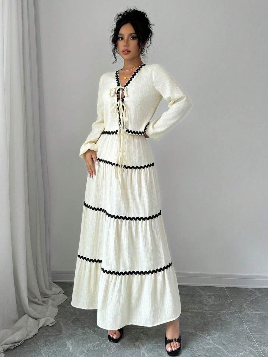 SHEIN Rafferiza طقم فستان بكشكشة أكمام وعقدة فرنسية وتنورة
