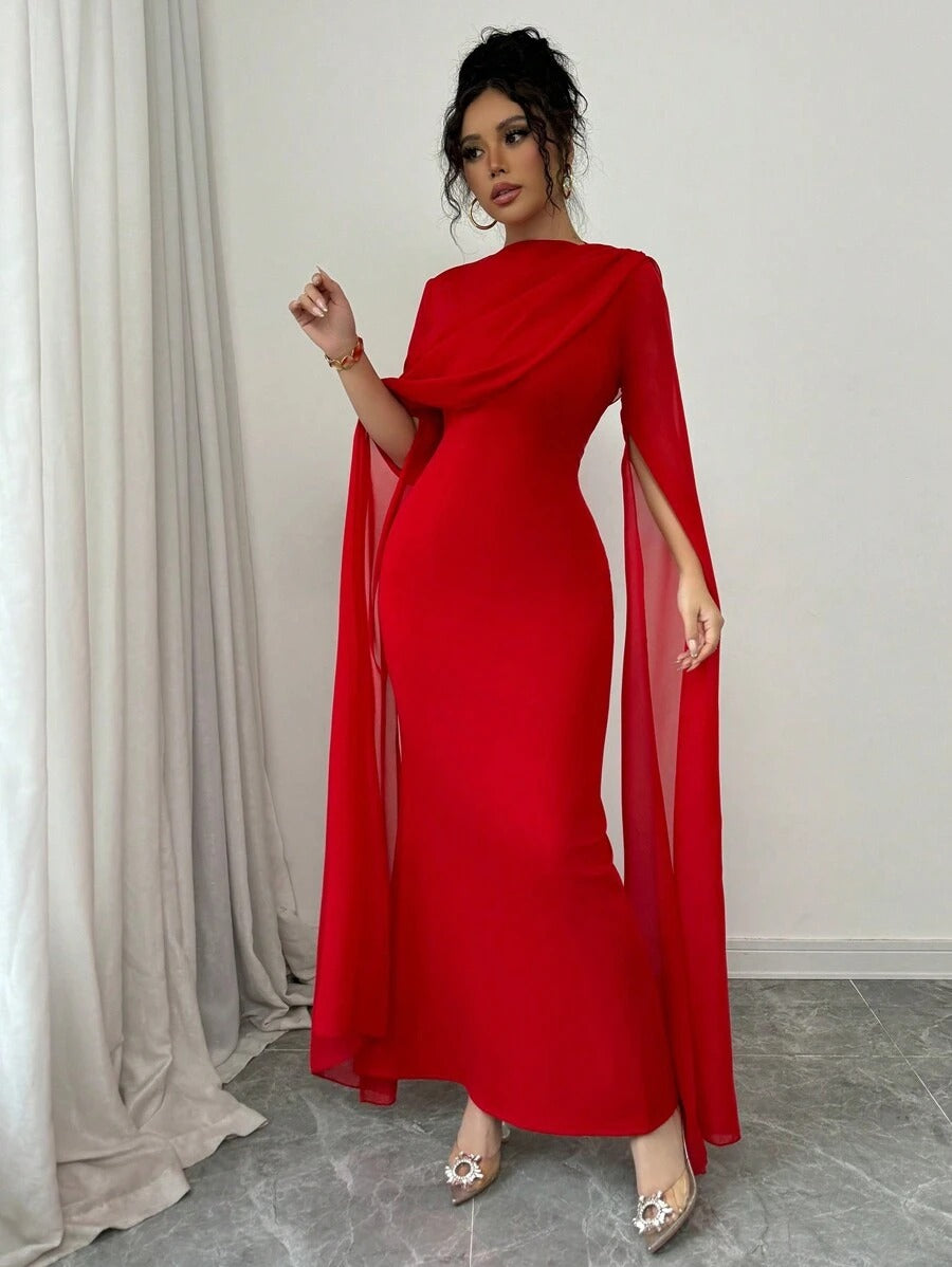 SHEIN Rafferiza فستان سهرة أحمر بكتف منحرف وطيات شفافة بشق أسفل التنورة