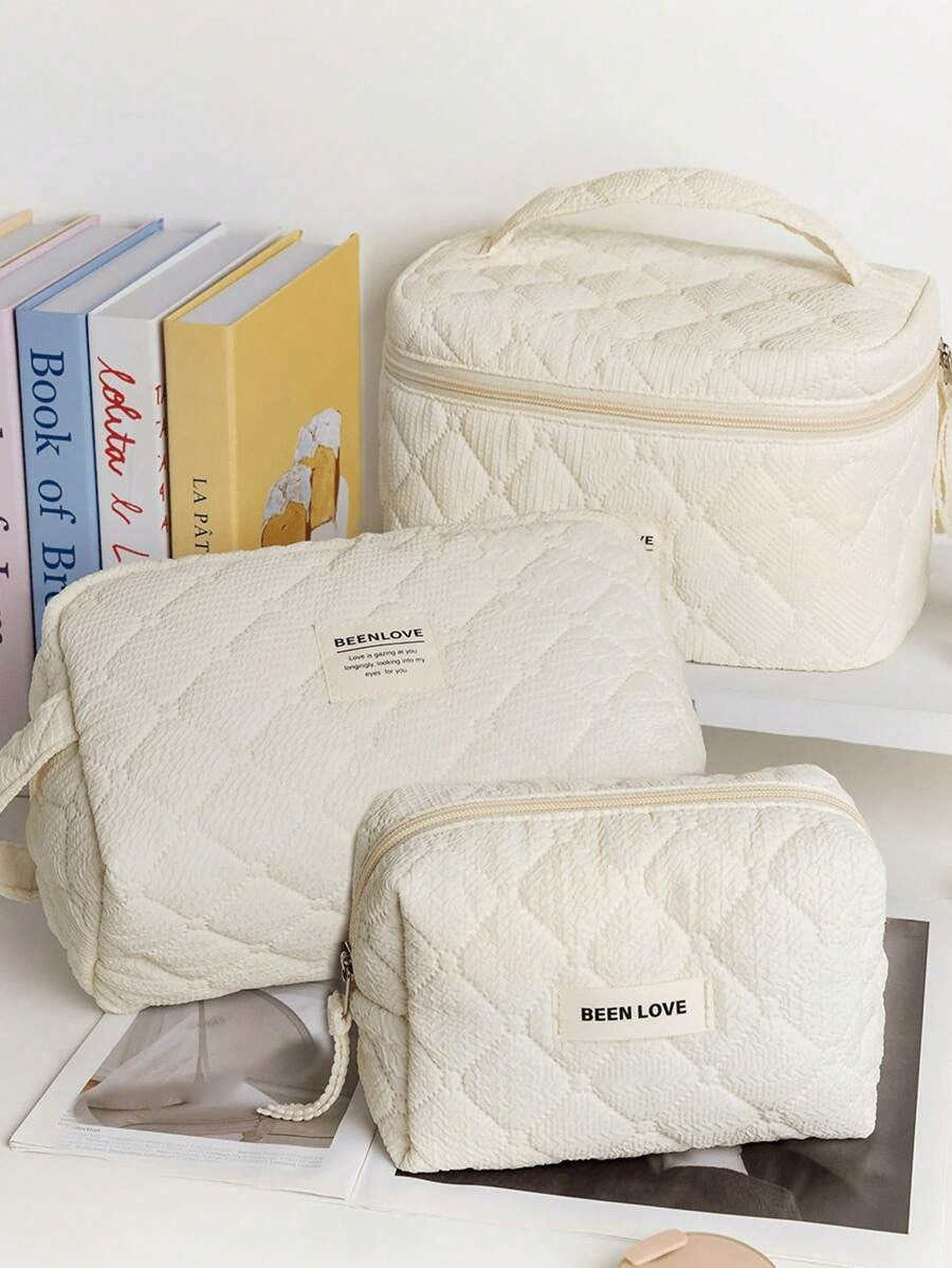 SHEIN مجموعة 3 قطع من حقائب مكياج لون بيج