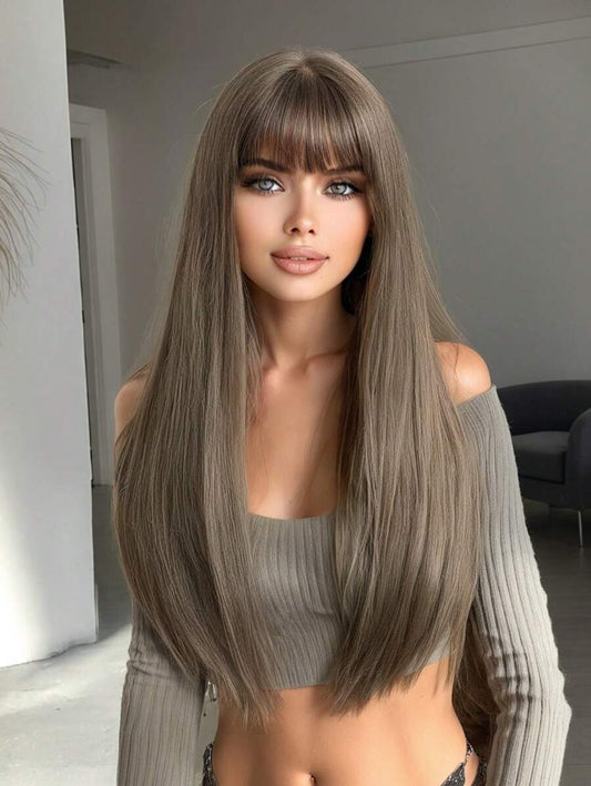 SHEIN باروكة شعر مستقيم بني مع غرة