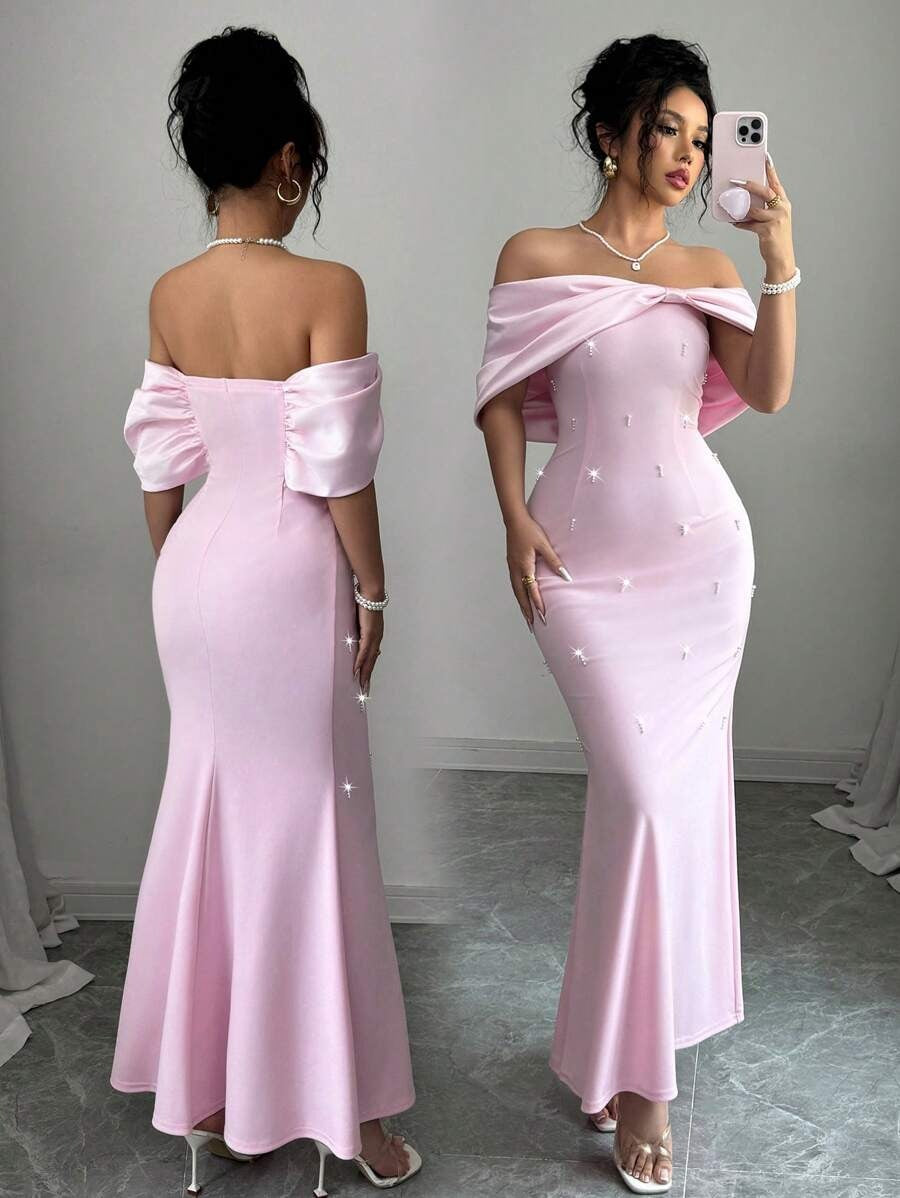 SHEIN Rafferiza فستان نسائي من الساتان الوردي الفاتح مزين بالفصوص