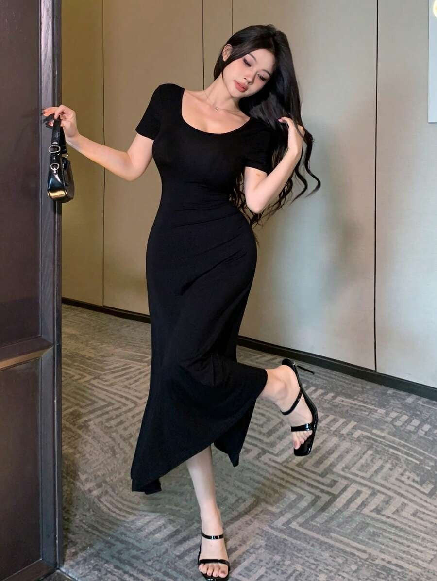 SHEIN فستان ميدي أسود بظهر مفتوح